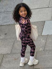 Cute Black Printed Jacket And Pants Set For Young Girl Soft Stretchy Fabric For Comfort Playgrounds Outings Casual Athletic Princess Autumn Gymnastics - Black - View 3