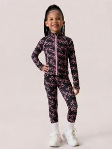 Cute Black Printed Jacket And Pants Set For Young Girl Soft Stretchy Fabric For Comfort Playgrounds Outings Casual Athletic Princess Autumn Gymnastics - Black - View 7