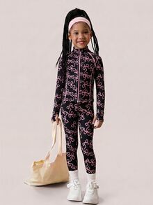 Cute Black Printed Jacket And Pants Set For Young Girl Soft Stretchy Fabric For Comfort Playgrounds Outings Casual Athletic Princess Autumn Gymnastics - Black - View 6
