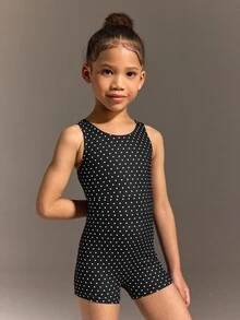 SHEIN 少女藍色白色圓點印花無袖連身褲，高彈力面料，時尚露背設計，適合體操、瑜伽練習、居家健身及日常穿著，活動靈活 - 黑色 - 查看 6