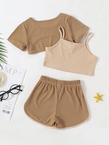 SHEIN 年輕女孩高低T卹和字母圖形背心上衣和短褲 - 彩色 - 查看 2
