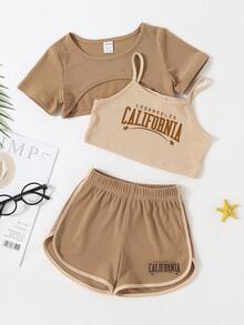 SHEIN 年輕女孩高低T卹和字母圖形背心上衣和短褲 - 彩色 - 查看 7