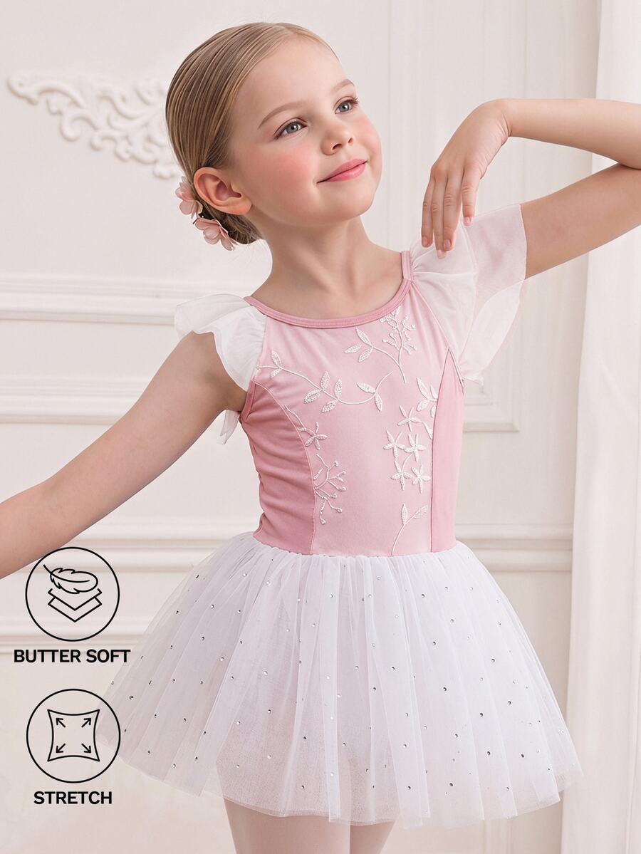 SHEIN Young Girls Pink Ballet Dance Dress With Floral Embroidery Flutter Sleeves And Sparkling Rhinestone Tulles Tutu Skirted Leotard Stage Outfit - Purple - View 1