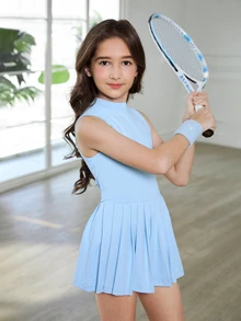 SHEIN Tween 女童户外连体衣，带防窥运动连体衣，后背隐形拉链，适合跑步、健身、篮球、足球、网球、羽毛球、时尚 - 藍色 - 查看 5