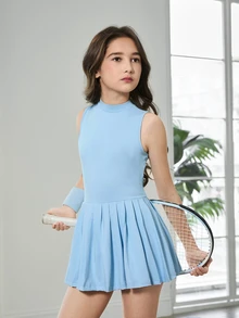 SHEIN Tween 女童户外连体衣，带防窥运动连体衣，后背隐形拉链，适合跑步、健身、篮球、足球、网球、羽毛球、时尚 - 藍色 - 查看 3