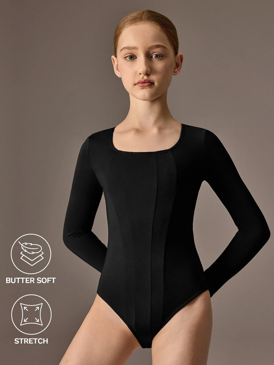 SHEIN Baju Balet Hitam untuk Anak Perempuan Remaja, Lengan Panjang, Sangat Elastis, Ramah Kulit, Pas Badan, dengan Desain Sambungan Potongan Kreatif