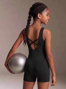 Tween Girls All Black Sleeveless Artistic Gymnastics Leotard,Modest Graphic Athletic Active Dancewear Jumpsuit,Criss-Cross Back Yoga Romper Summer Gym - Black - View 9