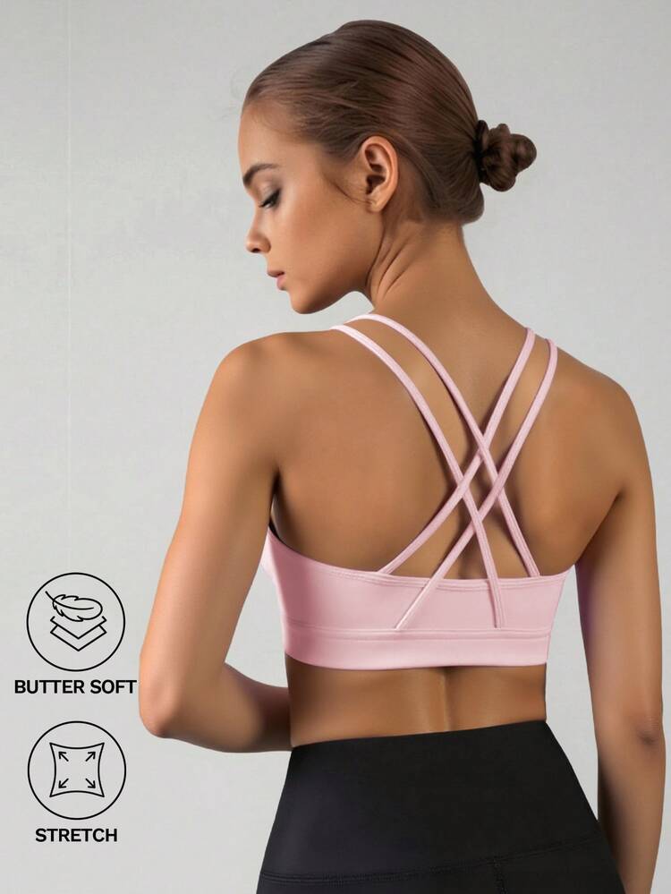 SHEIN Tween Girls Elastane Clothing, 4-Season Top For Yoga, Cross Back Strap With Removable Padded Sports Bra, Moisture Wicking And Sweat Absorbent, Fall - Pink - View 1