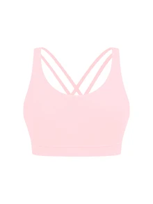 SHEIN Tween Girls Elastane Clothing, 4-Season Top For Yoga, Cross Back Strap With Removable Padded Sports Bra, Moisture Wicking And Sweat Absorbent, Fall - Pink - View 3