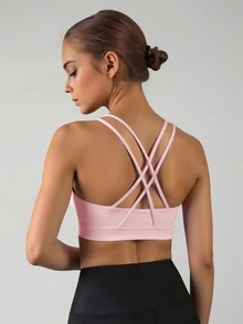 SHEIN Tween Girls Elastane Clothing, 4-Season Top For Yoga, Cross Back Strap With Removable Padded Sports Bra, Moisture Wicking And Sweat Absorbent, Fall - Pink - View 8