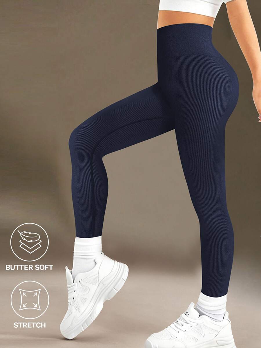 SHEIN Tween女孩 Seamluxe Sport 高腰羅紋無縫修身運動緊身褲，海軍藍，冬季，皮拉提斯健身，快乾，秋季健身房運動寬鬆款 - 藏蓝色 - 查看 1