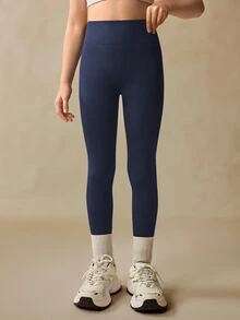 SHEIN Tween女孩 Seamluxe Sport 高腰羅紋無縫修身運動緊身褲，海軍藍，冬季，皮拉提斯健身，快乾，秋季健身房運動寬鬆款 - 藏蓝色 - 查看 7