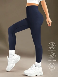 SHEIN Tween女孩 Seamluxe Sport 高腰羅紋無縫修身運動緊身褲，海軍藍，冬季，皮拉提斯健身，快乾，秋季健身房運動寬鬆款 - 藏蓝色 - 查看 9