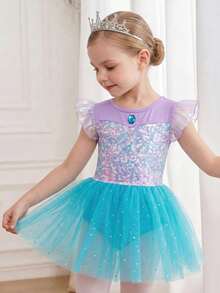 SHEIN Young Girls Clothes Sequin Print Short Flutter Sleeve Mesh Hem, Cute Ballet, Christmas, Back To School 7th Birthday Baby Purple Summer Princess - Multicolor - View 4