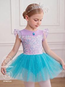 SHEIN Young Girls Clothes Sequin Print Short Flutter Sleeve Mesh Hem, Cute Ballet, Christmas, Back To School 7th Birthday Baby Purple Summer Princess - Multicolor - View 2