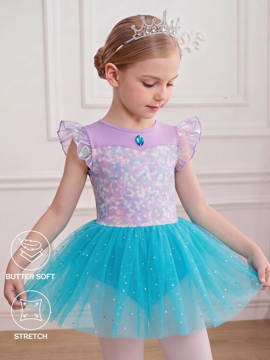 SHEIN Young Girls Clothes Sequin Print Short Flutter Sleeve Mesh Hem, Cute Ballet, Christmas, Back To School 7th Birthday Baby Purple Summer Princess
