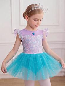 SHEIN Young Girls Clothes Sequin Print Short Flutter Sleeve Mesh Hem, Cute Ballet, Christmas, Back To School 7th Birthday Baby Purple Summer Princess - Multicolor - View 7