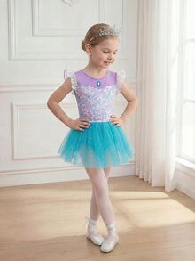 SHEIN Young Girls Clothes Sequin Print Short Flutter Sleeve Mesh Hem, Cute Ballet, Christmas, Back To School 7th Birthday Baby Purple Summer Princess - Multicolor - View 6