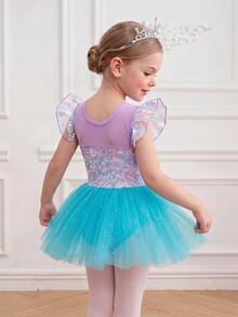 SHEIN Young Girls Clothes Sequin Print Short Flutter Sleeve Mesh Hem, Cute Ballet, Christmas, Back To School 7th Birthday Baby Purple Summer Princess - Multicolor - View 3