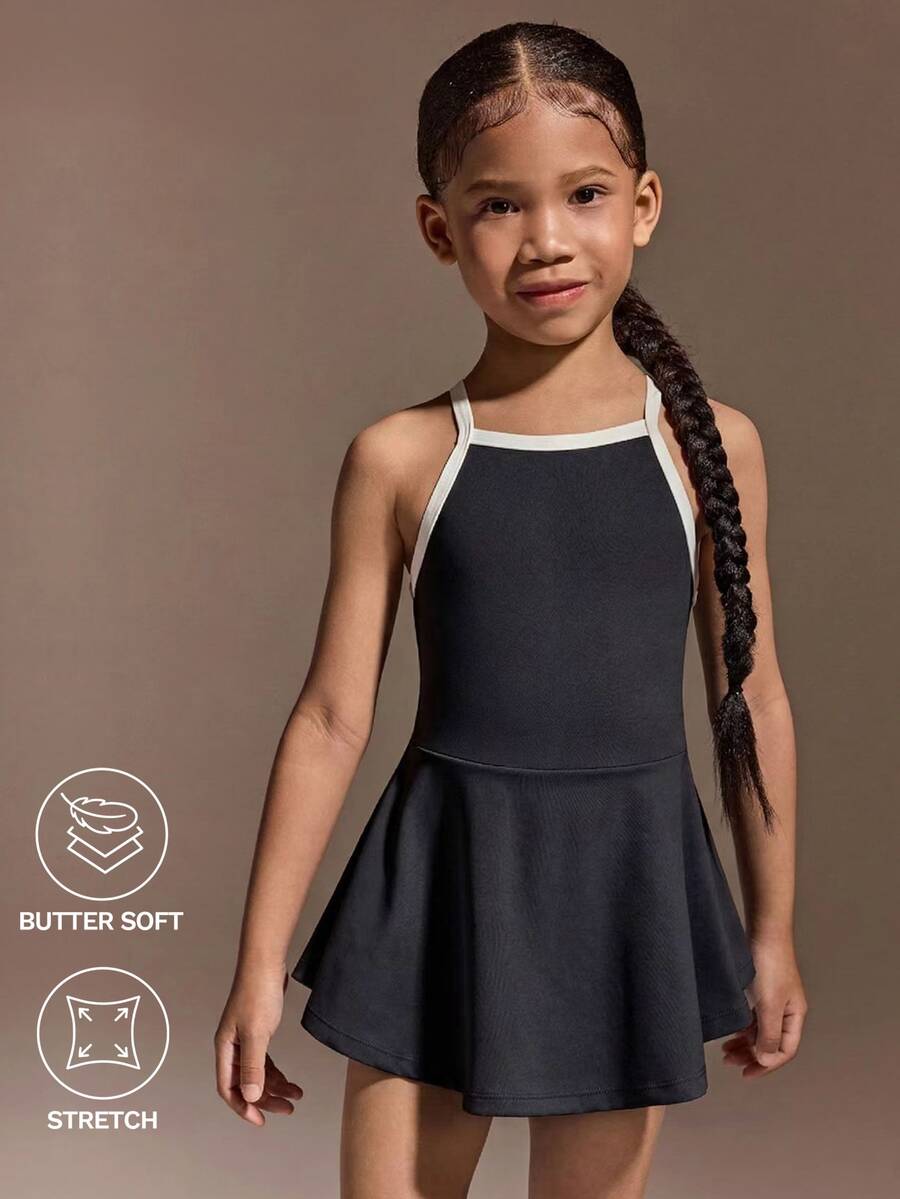 SHEIN 女童秋季運動體操運動服連身裙，無袖網球羽球舞蹈裙，冰絲防曬訓練連身褲，白色，7歲生日
