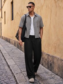 HIMLAND 男士素色休閒百搭日常穿著長褲 - 黑色 - 查看 4