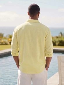 Ocevento Men's Solid Light Yellow Long-Sleeve Hawaiian Shirt, Standard Fit Button-Front, Lightweight Sheer Fabric Halloween Christmas Winter Party Autumn - Light Yellow - View 2