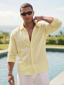 Ocevento Men's Solid Light Yellow Long-Sleeve Hawaiian Shirt, Standard Fit Button-Front, Lightweight Sheer Fabric Halloween Christmas Winter Party Autumn - Light Yellow - View 4