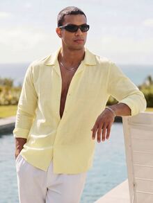 Ocevento Men's Solid Light Yellow Long-Sleeve Hawaiian Shirt, Standard Fit Button-Front, Lightweight Sheer Fabric Halloween Christmas Winter Party Autumn - Light Yellow - View 5
