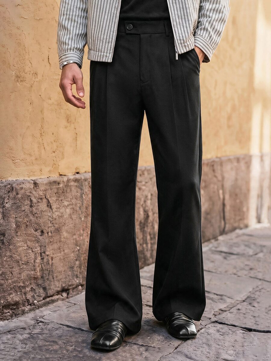 HIMLAND Men's Fashion Versatile Solid Color Flare Pants - Black - View 1