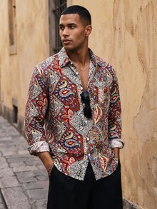 HIMLAND Men's Pattern All-Over Print Long Sleeve Shirt Collar Button Placket Shirt - Multicolor - View 1