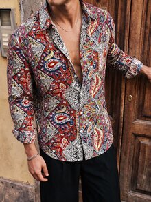HIMLAND Men's Pattern All-Over Print Long Sleeve Shirt Collar Button Placket Shirt - Multicolor - View 3