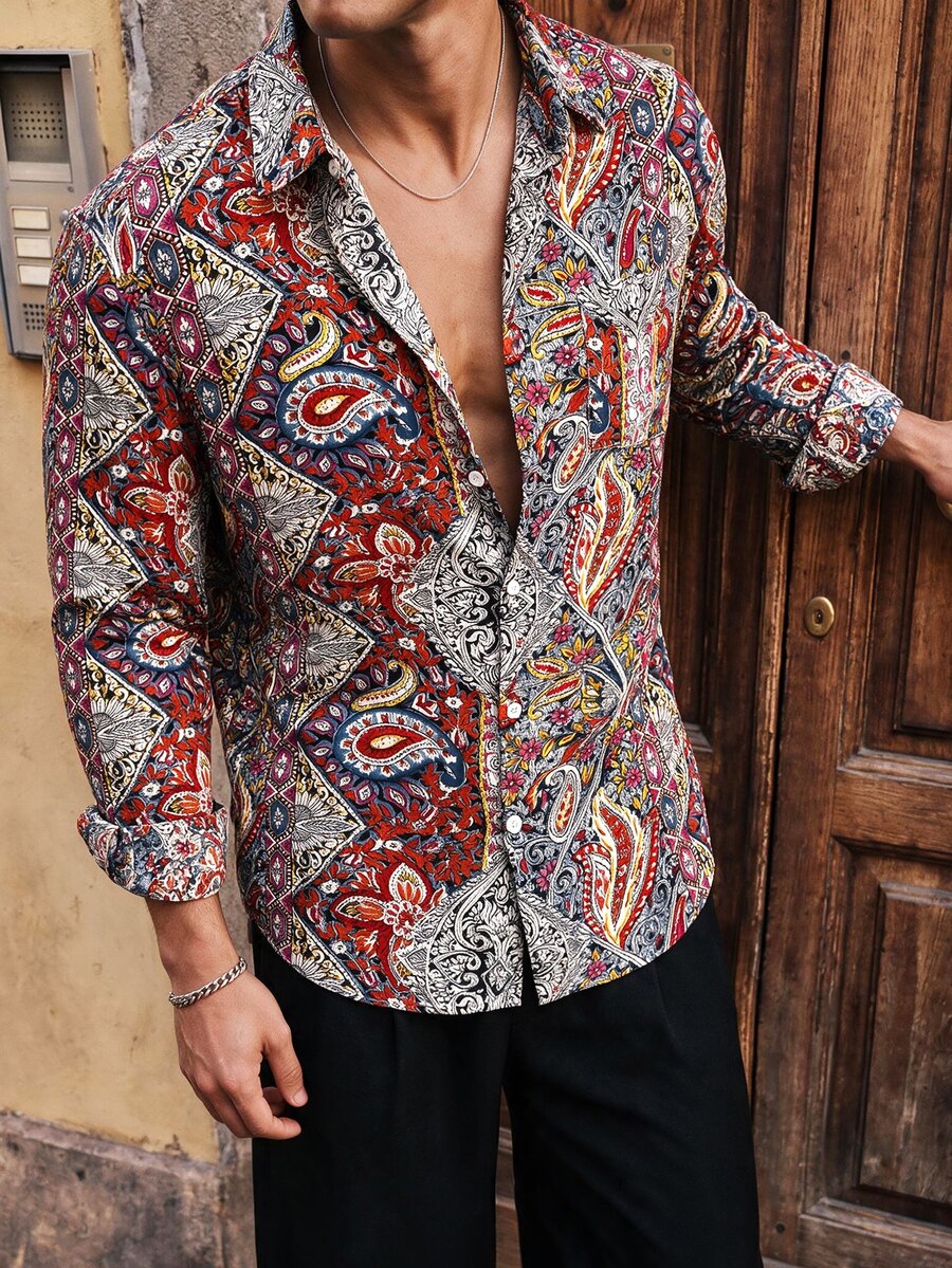 HIMLAND Men's Pattern All-Over Print Long Sleeve Shirt Collar Button Placket Shirt - Multicolor - View 1