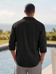 HIMLAND Men's Casual Versatile Solid Color Long Sleeve Shirt - Black - View 2