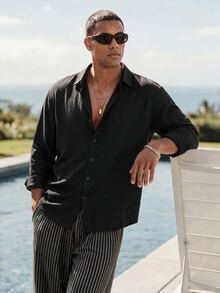 HIMLAND Men's Casual Versatile Solid Color Long Sleeve Shirt - Black - View 5