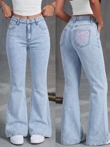 SHEIN Girlism 青少年女孩粉色蝴蝶結刺繡圖案淺藍色丹寧彈性緊身喇叭牛仔褲 秋冬休閒服 - 藍色 - 查看 1
