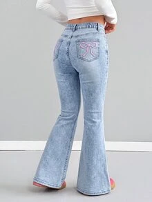SHEIN Girlism 青少年女孩粉色蝴蝶結刺繡圖案淺藍色丹寧彈性緊身喇叭牛仔褲 秋冬休閒服 - 藍色 - 查看 4