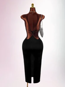 Amplova Women's Solid Color Fitted Sexy Spaghetti Strap Backless Dress - Black - View 5