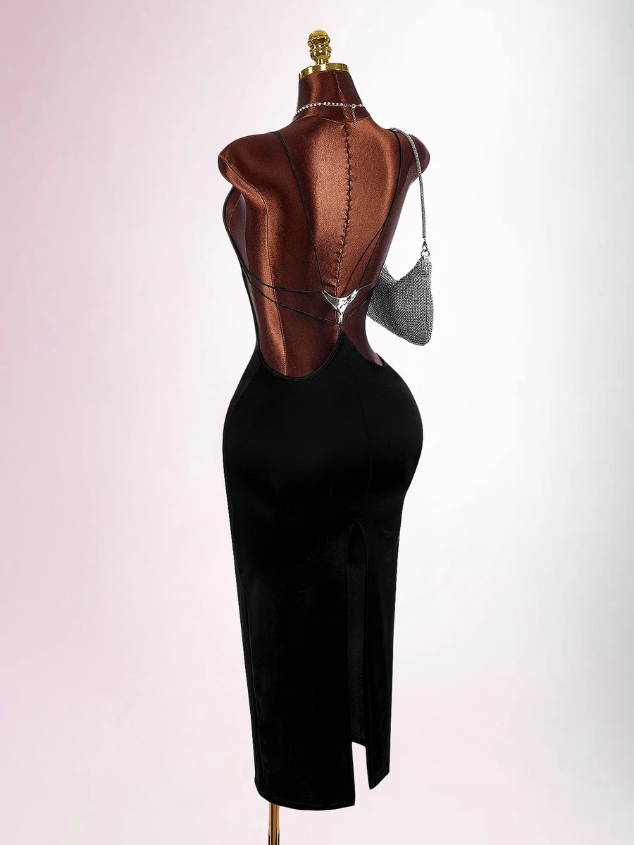 Amplova Women's Solid Color Fitted Sexy Spaghetti Strap Backless Dress - Black - View 1
