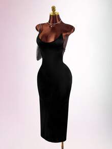 Amplova Women's Solid Color Fitted Sexy Spaghetti Strap Backless Dress - Black - View 3