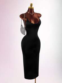 Amplova Women's Solid Color Fitted Sexy Spaghetti Strap Backless Dress - Black - View 4
