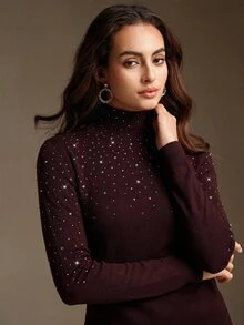 Anewsta Sweater Wanita Lengan Panjang Aneka Warna dengan Hiasan Berlian Imitasi Acak Gaya Liburan, Atasan Elegan, Romantis, Modis, Pakaian Musim Gugur untuk Wanita, Pakaian Liburan Wanita - Bold Plum - View 5