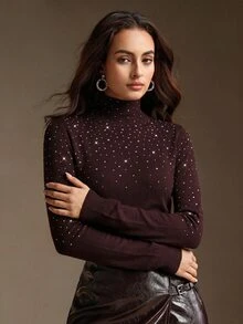 Anewsta Sweater Wanita Lengan Panjang Aneka Warna dengan Hiasan Berlian Imitasi Acak Gaya Liburan, Atasan Elegan, Romantis, Modis, Pakaian Musim Gugur untuk Wanita, Pakaian Liburan Wanita - Bold Plum - View 3