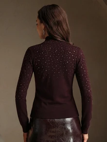 Anewsta Sweater Wanita Lengan Panjang Aneka Warna dengan Hiasan Berlian Imitasi Acak Gaya Liburan, Atasan Elegan, Romantis, Modis, Pakaian Musim Gugur untuk Wanita, Pakaian Liburan Wanita - Bold Plum - View 7