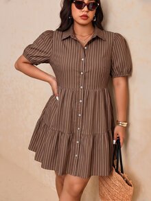 Melodosi Plus Size Chocolate Brown Colorblock Single-Breasted Ruffle Hem Dress, Suitable For Summer Back-To-School 1920s 80s 90s Whimsical - Brown - View 3
