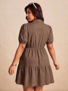 Melodosi Plus Size Chocolate Brown Colorblock Single-Breasted Ruffle Hem Dress, Suitable For Summer Back-To-School 1920s 80s 90s Whimsical - Brown - View 2
