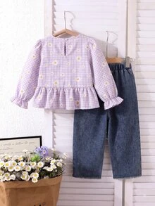 SHEIN 幼女 2件組 秋季紫色格紋雛菊印花荷葉邊長袖上衣，附蝴蝶結裝飾與牛仔褲套裝，可愛幼童女童秋季服飾 - 紫色 - 查看 2