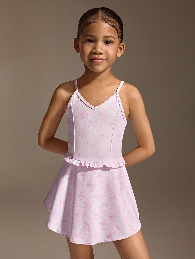 Young Girls' Activewear Jumpsuit, Digital Print Sweet Bowknot Anti-Exposure Sports Skirt With Built-In Shorts, Tennis Skirt, Fitness Yoga Dress, Dance - Pink - View 4