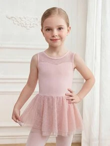 SHEIN 女童服飾 嬰兒粉色網紗短袖芭蕾舞 7 歲生日洋裝，圓領，可愛公主牛仔女郎，聖誕節，返校季，秋冬 - 粉色 - 查看 6