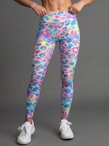 SHEIN Tween女孩彩虹豹紋運動瑜伽緊身褲，柔軟彈性面料，Glowmode Tween女孩系列，健身房皮拉提斯秋季運動 - 彩色 - 查看 4