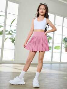 SHEIN Tween Girls Knit Pink Modesty Shorts Pleated Skirt, High Stretch Comfortable Cycling Running Training Shorts, Moisture-Wicking Sweat-Absorbing, Fall - Pink - View 5